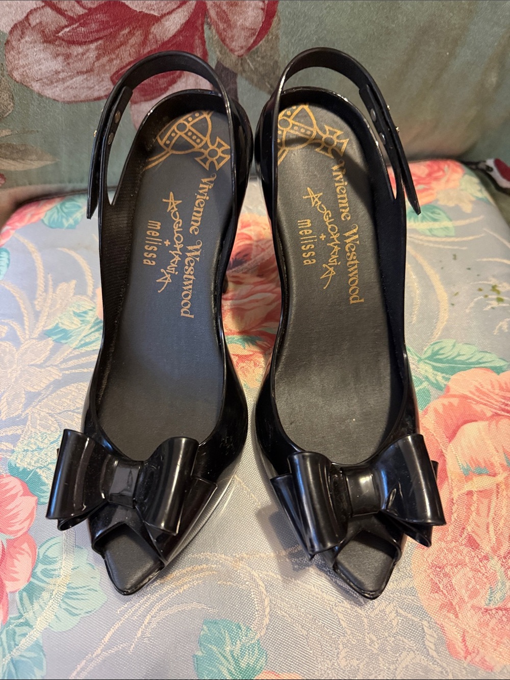 Vivienne Westwood Black Patent Bow Slingback Peep-Toe Heels